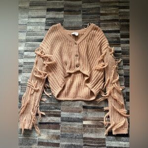 Hayden Button-Up Fringed Cardigan in Tan